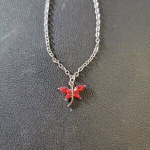 Dragonfly 18" Stainless Silver Necklace Fire Red
